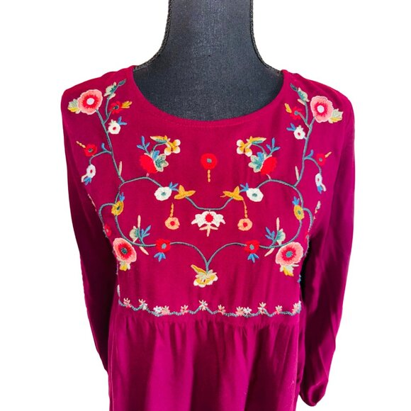 Jodiel Cottage Core Boho Chic Embroidered Wine Red Floral Embroidered Blouse M - Picture 7 of 12